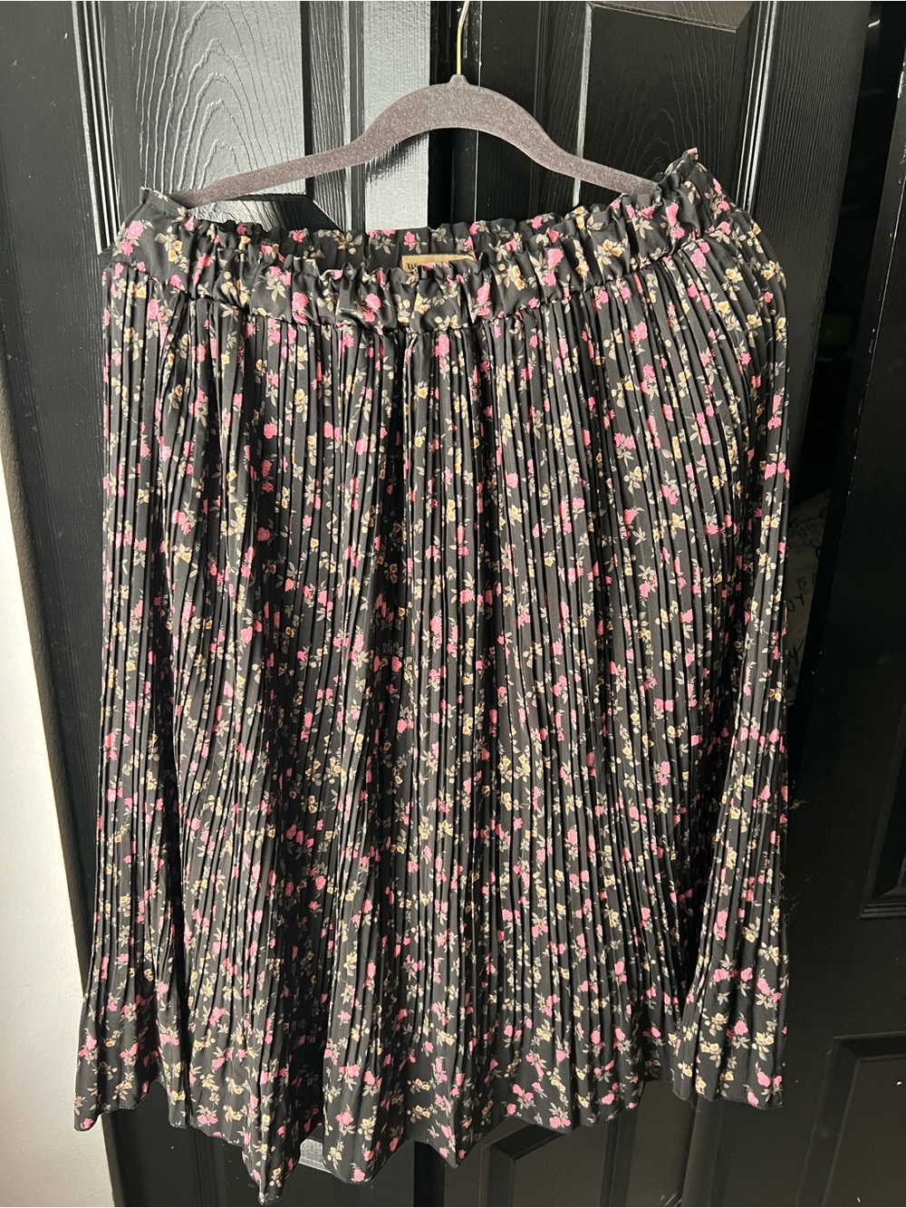 Pleated Black Floral Midi Skirt